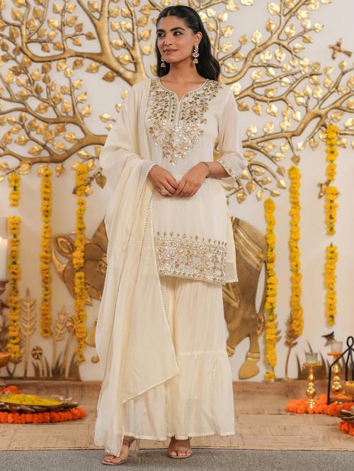 women solid with work three quarter sleeve kurta sharara with dupatta set - 22072071 - Very Small Image - 1