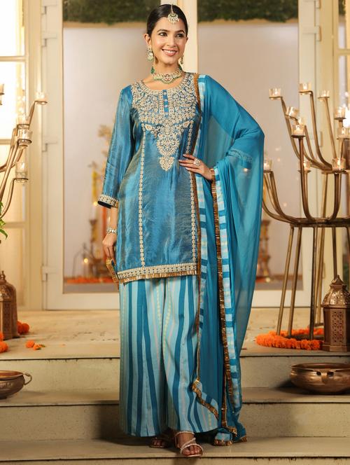 Women Solid With Work Three Quarter Sleeve Kurta Sharara With Dupatta Set - 22072079 - Very Small Image - 1