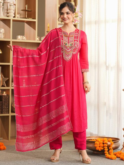 Women Solid With Work Three Quarter Sleeve Kurta Pant With Dupatta Set - 22072093 - Very Small Image - 1
