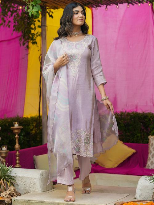 women solid with work three quarter sleeve kurta pant with dupatta set - 22072098 - Very Small Image - 1