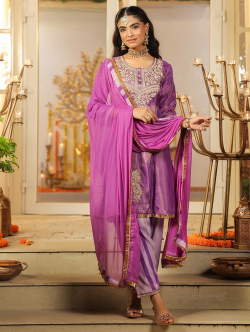 Women Solid With Work Three Quarter Sleeve Kurta Salwar With Dupatta Set - 22072100 - Very Small Image - 1