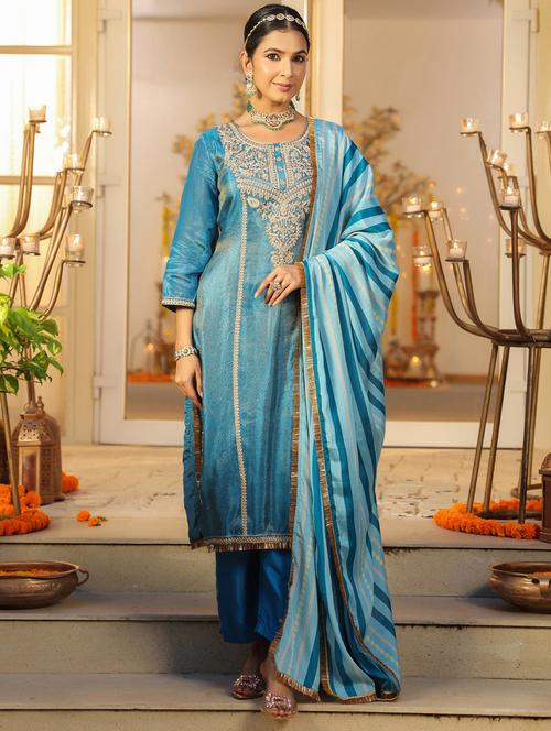 women solid with work three quarter sleeve kurta pant with dupatta set - 22072103 - Very Small Image - 1