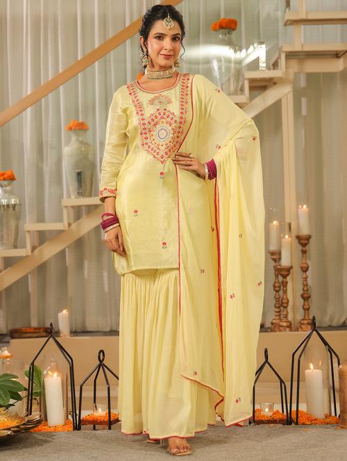 Women Solid With Work Three Quarter Sleeve Kurta Sharara With Dupatta Set - 22072106 - Very Small Image - 1