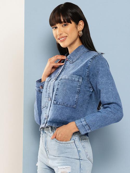 women solid long sleeve denim jacket - 22072825 - Very Small Image - 1
