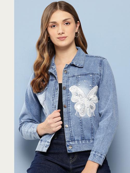 women solid with work long sleeve denim jacket - 22072827 - Very Small Image - 1