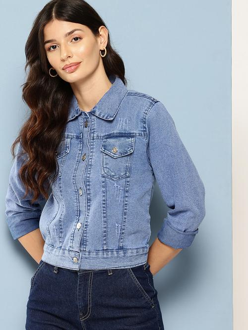 women solid long sleeve collared denim jacket - 22072834 - Very Small Image - 1