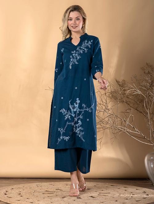 women solid with work three quarter sleeve kurta pant set - 22072875 - Very Small Image - 1