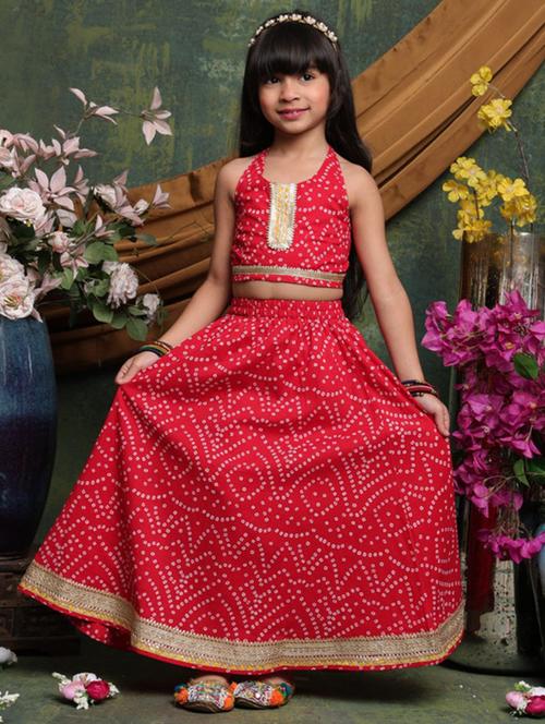 girls bandhnai print sleveeless lehenga choli set - 22072995 - Very Small Image - 1