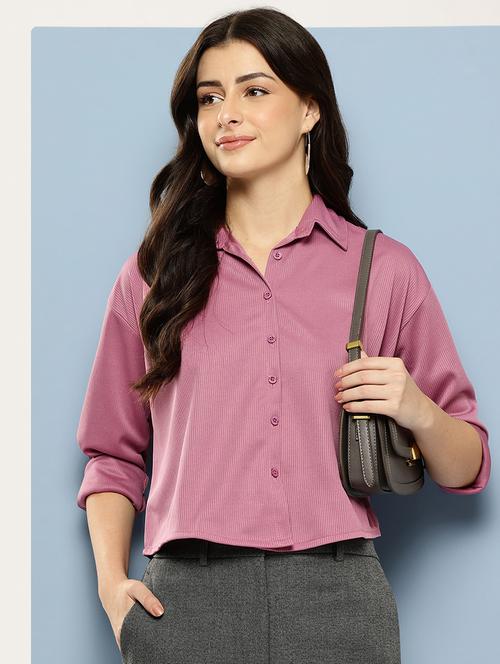 women solid collared long sleeve crop shirt - 22074056 - Very Small Image - 1