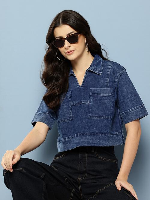 women solid collared denim crop top - 22074102 - Very Small Image - 1