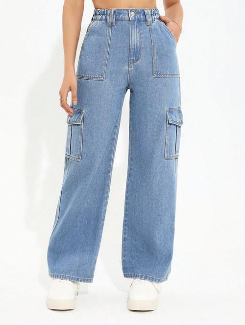 women solid high rise relaxed fit denim cargo - 22074602 - Very Small Image - 1
