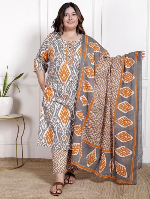 women ikat printed three quarter sleeve kurta pant with dupatta set - 22076526 - Very Small Image - 1