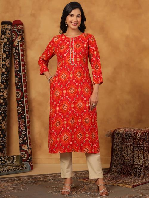 women printed three quarter sleeve straight kurta - 22076873 - Very Small Image - 1