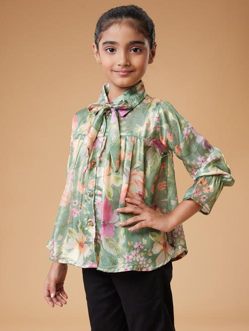 girls floral print tie-up neck long sleeve  top - 22078330 - Very Small Image - 1
