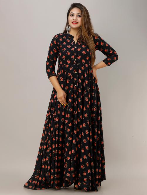 women floral printed three quarter sleeve flared ethnic dress - 22078417 - Very Small Image - 1