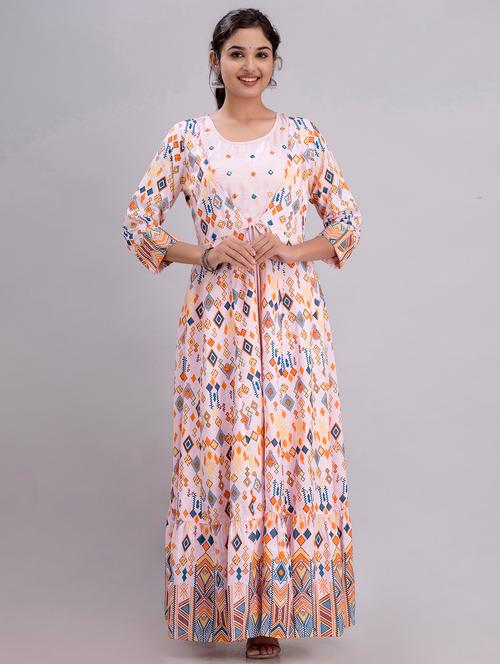 women printed three quarter sleeve tiered ethnic dress - 22078425 - Very Small Image - 1