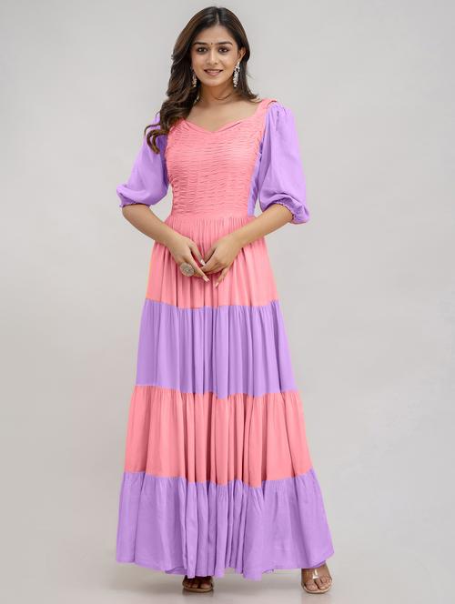 women color block puff sleeve tiered maxi dress - 22078427 - Very Small Image - 1