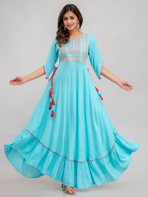 women embroidered three quarter sleeve tiered ethnic dress - 22078436 - Very Small Image - 1