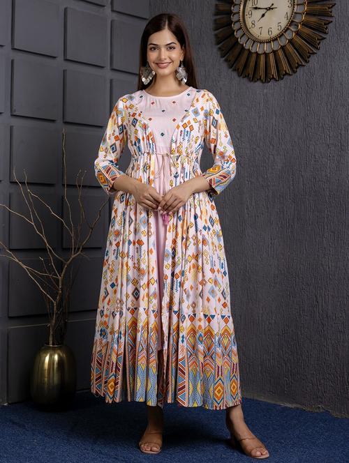 women printed three quarter sleeve ethnic dress - 22079880 - Very Small Image - 1