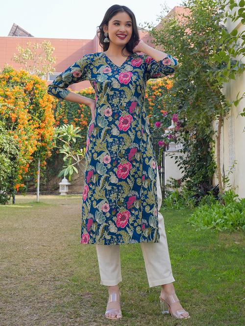 women floral three quarter sleeve straight kurta - 22080571 - Very Small Image - 1