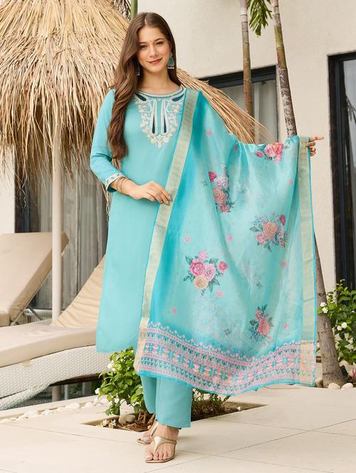 women embroidered three quarter sleeve kurta pant with dupatta set - 22080922 - Very Small Image - 1