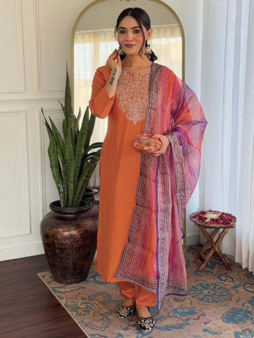 women embroidered three quarter sleeve kurta pant with dupatta set - 22080925 - Very Small Image - 1