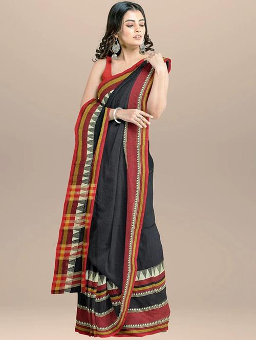 Women Solid With Bordered Handloom Saree With Blouse - 22081718 - Very Small Image - 1