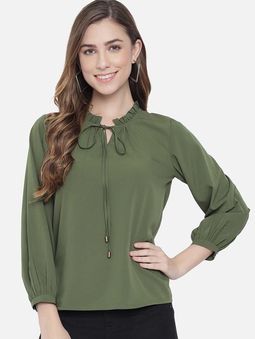 women solid tie-up neck puff sleeve regular top - 22082161 - Very Small Image - 1