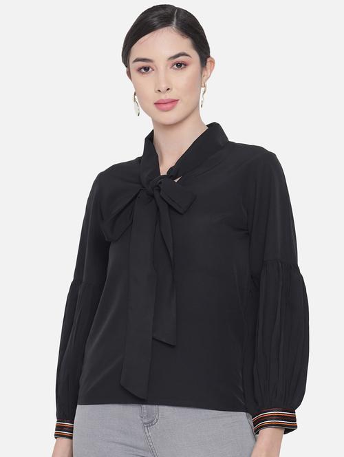 women solid tie up neck puff sleeve regular top - 22082163 - Very Small Image - 1