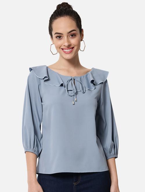 women solid tie-up neck ruffle detailed regular top - 22082171 - Very Small Image - 1