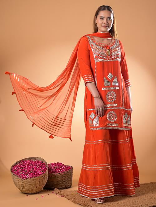 women embroidered three quarter sleeve kurta sharara with dupatta set - 22083118 - Very Small Image - 1