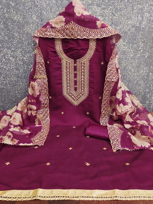 purple cotton blend unstitched suit - 22083246 - Very Small Image - 1