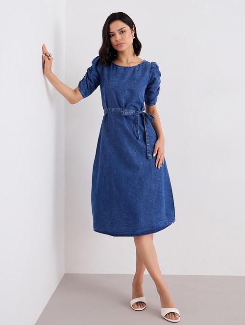 women solid puff sleeve denim a-line dress - 22083512 - Very Small Image - 1