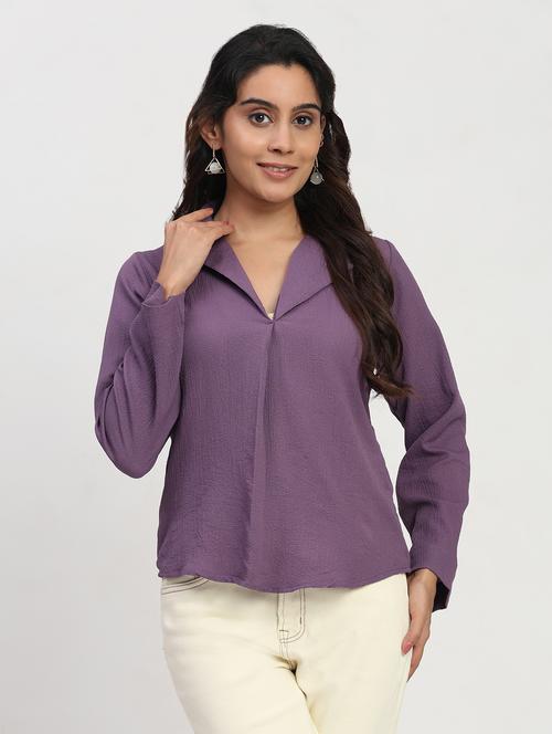 women solid long sleeve lapel collar shirt top - 22083555 - Very Small Image - 1