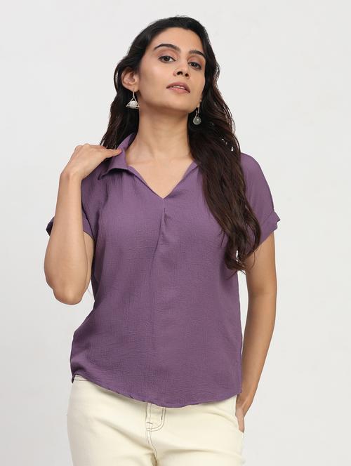 women solid short sleeve collared shirt top - 22083560 - Very Small Image - 1