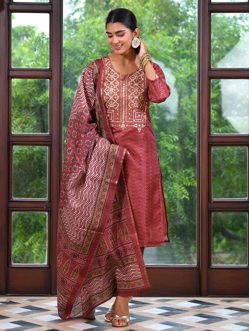 women chevron three quarter sleeve kurta pant with dupatta set - 22084021 - Very Small Image - 1