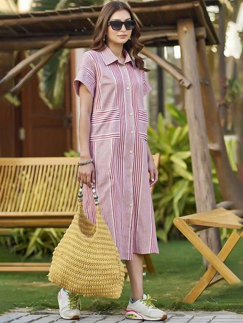 women striped short sleeve collared shirt dress - 22084593 - Very Small Image - 1