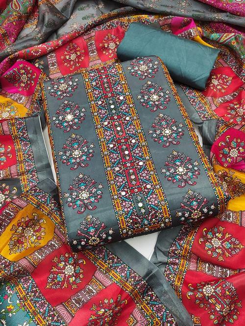 women printed embroidered unstitched suit set - 22084790 - Very Small Image - 1