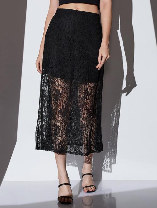 globus women black mid-rise self design semi sheer lace midi a-line party skirt - 22085173 - Very Small Image - 1