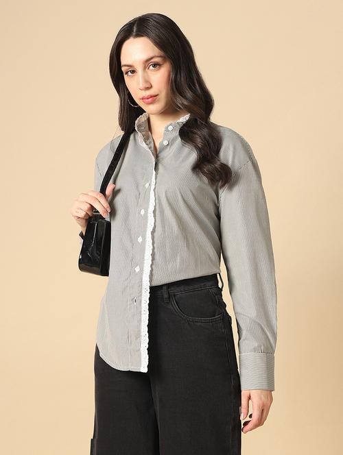 globus women black mandarin collar cuffed sleeves vertical stripes lace insert curved hem oversized workwear shirt - 22085219 - Very Small Image - 1