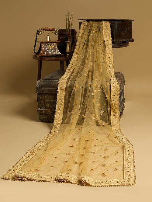 globus women gold zari embroidered embellished net taping border festive dupatta - 22085231 - Very Small Image - 1