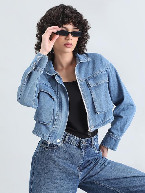 women solid long sleeve cropped denim jacket - 22086222 - Very Small Image - 1