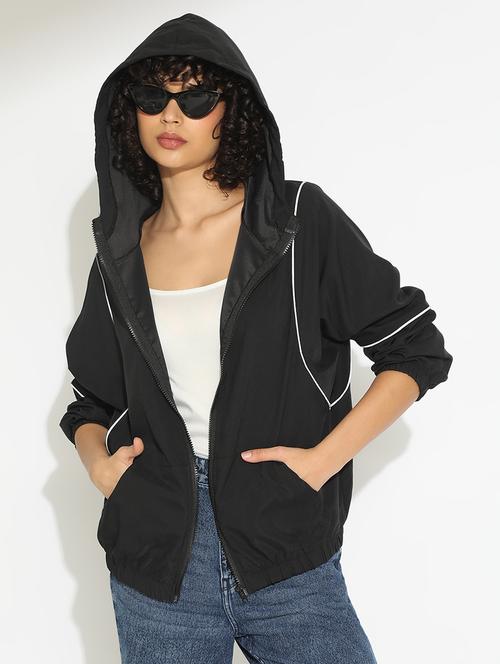 women black solid long sleeve hooded bomber jacket - 22086223 - Very Small Image - 1
