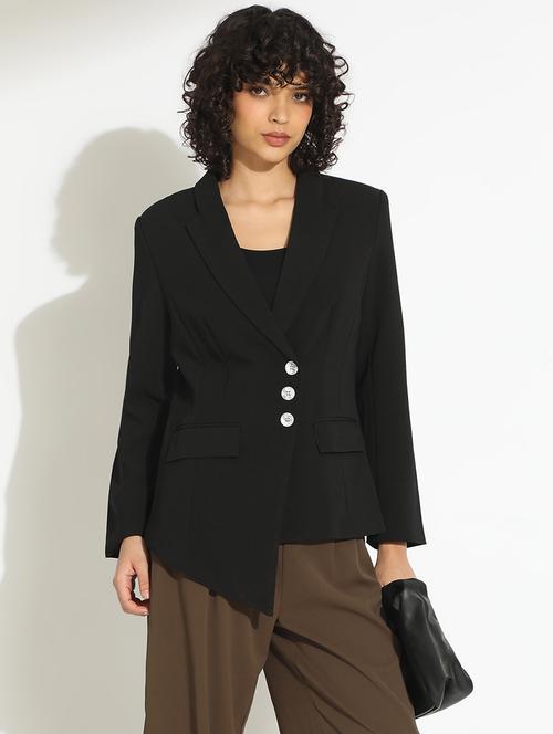 women black solid long sleeve double breasted blazer - 22086231 - Very Small Image - 1