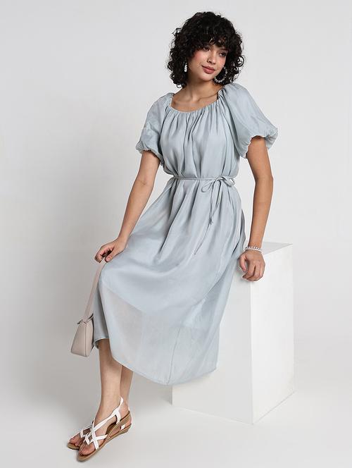 women light blue solid puff sleeve a-line dress - 22086281 - Very Small Image - 1