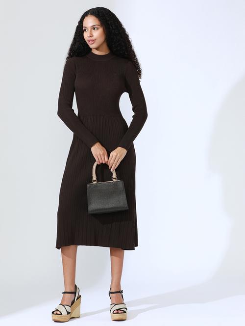 women brown solid long sleeve a-line dress - 22086285 - Very Small Image - 1