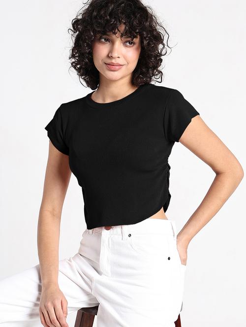 women black solid short sleeve crop top - 22086374 - Very Small Image - 1