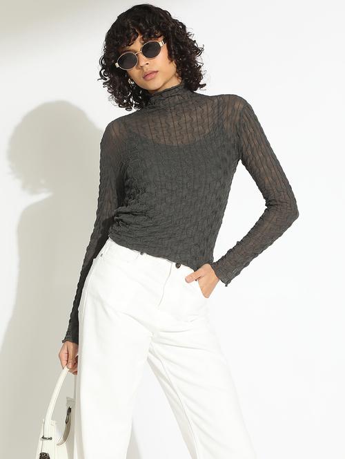 women grey self designed high neck long sleeve top - 22086385 - Very Small Image - 1
