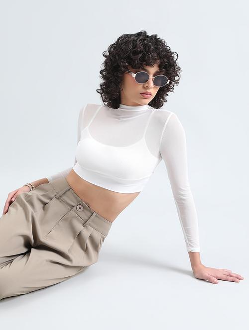 women white solid mock neck long sleeve crop top - 22086387 - Very Small Image - 1
