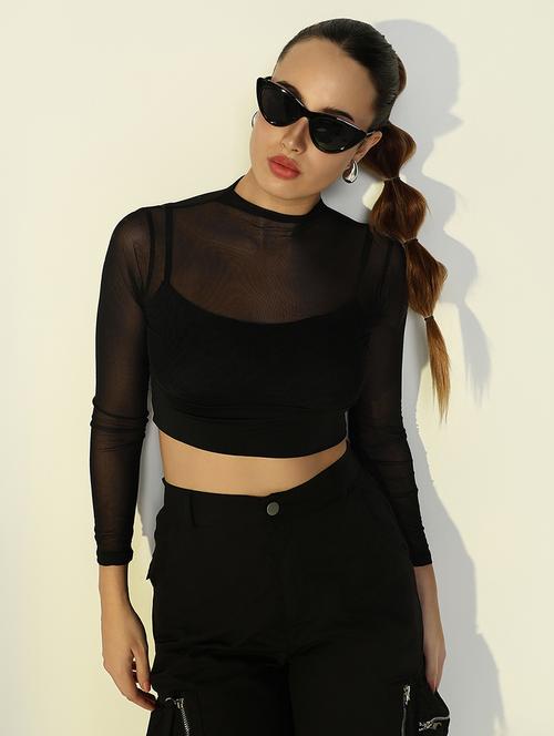 women black solid mock neck long sleeve crop top - 22086388 - Very Small Image - 1